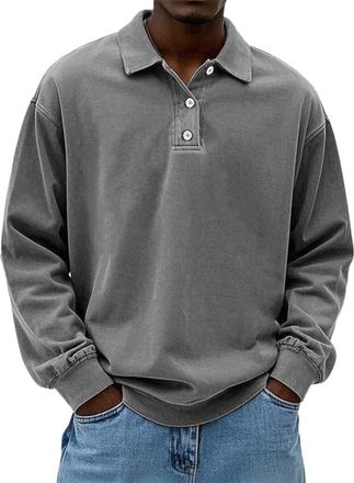 Generic Polo Shirts for Men Adult Shirt Long Sleeve Soft Cotton Vintage Washed Relaxed Fit Button Shirt Casual Daily Comfortable Casual Outing Vacation Top (G
