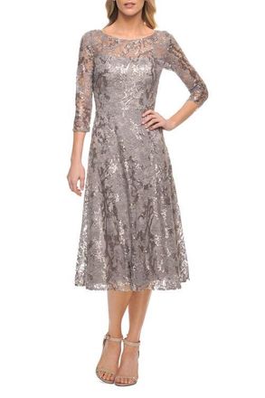 La Femme Lace Metallic Tea Length Dress with Three-Quarter Sleeves in Silver at Nordstrom, Size 14
