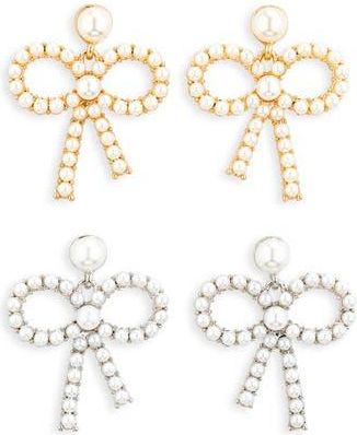 Tasha Set of 2 Faux Pearl Bow Drop Earrings in Gold Silver Pearl at Nordstrom Rack