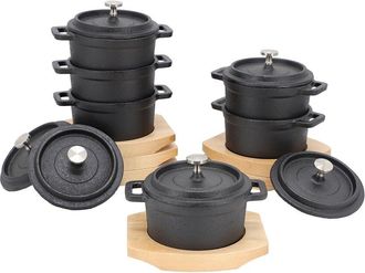 MegaChef 6Pc Cast Iron 8Oz Mini Dutch Oven With Wood Tray