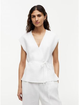 Tommy Hilfiger Womens Sleeveless Linen-Blend Wrap Top - White - 10