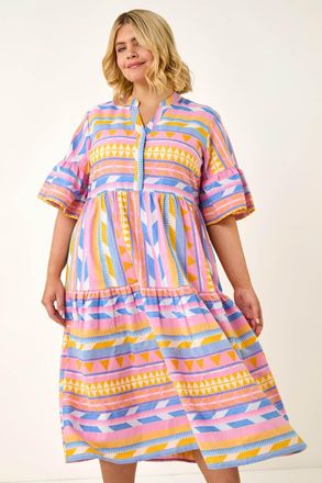 Roman Stripe Print Boho Tiered Dress