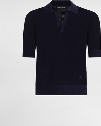 Dolce & Gabbana Micro-pattern Cotton Polo Shirt - Man Sweaters And Cardigans Blue 44