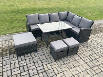 Fimous Outdoor Furniture Garden Dining Set Rattan Corner Sofa Set Rectangular Dining Table with Temper Glass 3 Footstools in Dark Grey