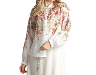 Beulah Floral Printed Linen Button Up Shirt In White
