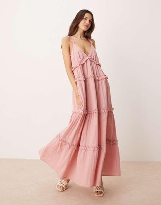 Vero Moda Vestito lungo con spalline sottili rosa polvere con volant a balze