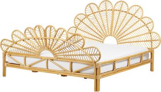Beliani Cama Con Somier De Rat&aacute;n Madera Clara 180 X 200 Cm Panel Trenzado Pavo Real Florentine