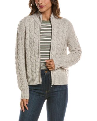 Fort&eacute; Cashmere Cable Zip Mock Neck 100% Cashmere Cardigan