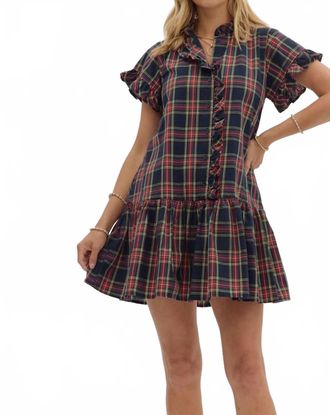 Entro Tartan Tidings Mini Dress In Holiday Navy Plaid