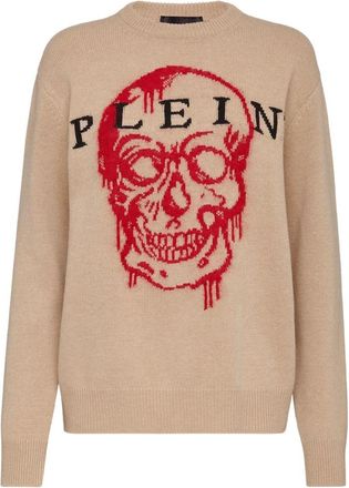 Philipp Plein Pullover Round Neck LS Intarsia Skull - Dames - Ronde hals truien - Beige - L - Wol - Truien & Vesten