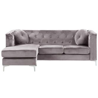 Beliani Sof&aacute; Esquinero Tapizado En Terciopelo Gris 3 Plazas Con Forma De L Versi&oacute;n Derecha Cojines Adicionales Con Mechones Decorativos Flen