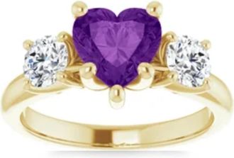 Pompeii3 7mm Amethyst Three-Stone Diamond Heart Shape Ring in 14k White or Yellow Gold