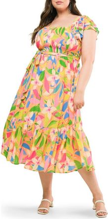 Flying Tomato Printed Tie Waist Tiered Midi Dress in Orange Green at Nordstrom Rack, Size 3 X