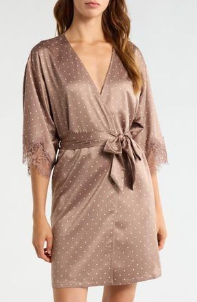 Nordstrom Midnight Satin Wrap in Brown- Ivory Pin Dot at Nordstrom, Size X-Large