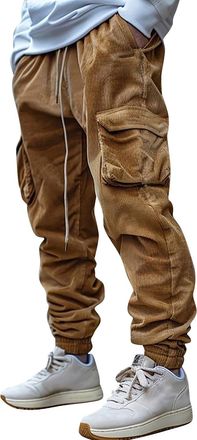 Generic Cuffed Cargo Trousers Men Corduroy Cargo Pants Mens Casual Drawstring Elasticated Waist Trousers Retro Loose Fit Combat Trorusers Workout Jogging Trou