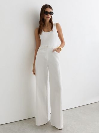 Reiss Cream Wide-leg Racer-back Denim Jumpsuit, 10