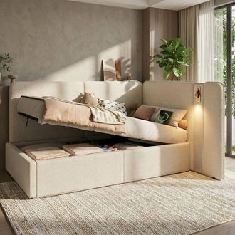 Merax 3ft Single Boucle Daybed Sofa Bed with Storage & USB Light, Beige