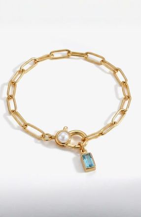Mint & Lily Paperclip Bracelet with Pearl Accent with Dainty Baguette Birthstone Charm in March Aquamarine at Nordstrom, Size 8