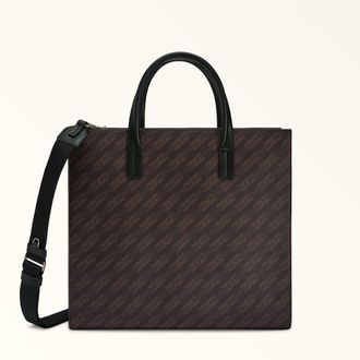 Furla Man Sirio Tote Toni Caffe Brown Coated Fabric With Arch Chain Print + Soft Calf Leather Man