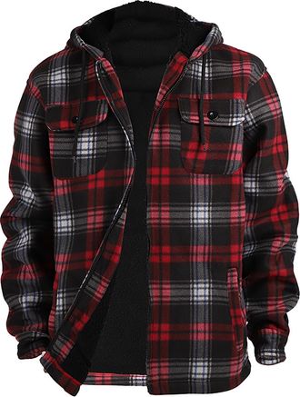 Generic Mens Large Size Padded Winter Zipper Lapel Long Sleeve Thickened Vintage Jacket Plaid Jacket Coat Wool Top Coat for Men (Wine, XXXL)