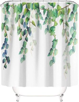 OEM Cortina De Ducha Textil Con Estampado De Plantas Verdes, Resistente Al Moho Y Lavable - Incluye 12 Anillas En C - 180 X 200 Cm