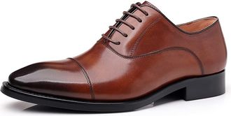 Generic Dress Oxford for Men Lace Up Cap Toe Burnished Toe Cowhide Block Heel Low Top Anti-Slip Party(Darkbrown,5.5 UK)