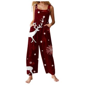 Generic Xmas Onesies Christmas Jumpsuit For Women Uk Santa Claus Print Dungarees Snowman Print Tunic Long Overall High Waist Slim Fit Fitness Onsies Romper Wi