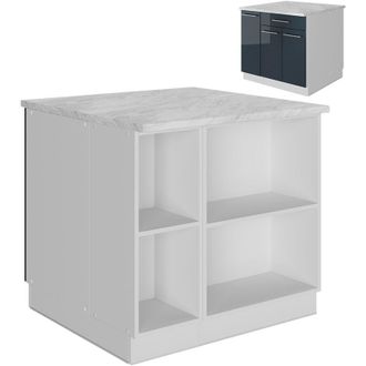 Vicco Isla De Cocina Fame-line, Azul Oscuro Alto Brillo/blanco, 90 Cm Con Caj&oacute;n, Sin Encimera