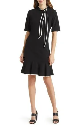 Adrianna Papell Tie Neck Short Sleeve Crepe Sheath Dress in Black/ivory at Nordstrom Rack, Size 16