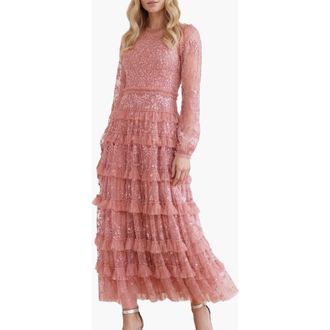 Needle & Thread Blossom Long Sleeve Lace Ankle Gown in Misty Rose at Nordstrom, Size 14