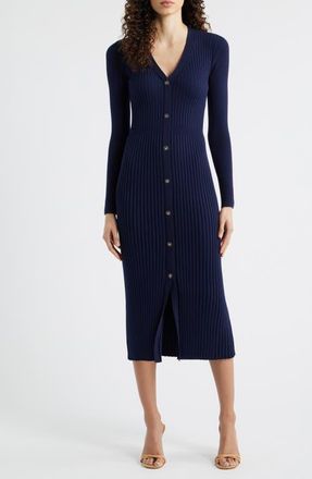 Elie Tahari The Monroe Long Sleeve Rib Midi Sweater Dress in Navy at Nordstrom, Size X-Small