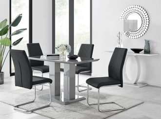 Furniturebox Imperia Grey High Gloss 4 Seater Dining Table with Structural 2 Plinth Column Legs 4 Soft Faux Leather Lorenzo Chairs in Black