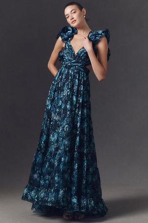 Mac Duggal Ruffle-Sleeve V-Neck Tiered Chiffon Maxi Dress