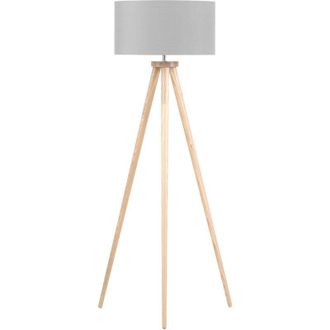 Beliani L&aacute;mpara De Pie Poli Algod&oacute;n Gris 142 Cm Paras De Madera Clara De Roble Tr&iacute;pode Pantalla En Forma De Tambor Estilo Moderno Nitra
