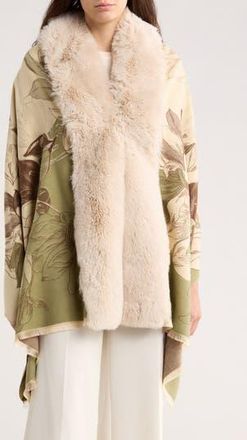 La Fiorentina Faux Fur Trim Floral Wrap in Beige at Nordstrom Rack