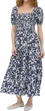 August Sky Floral Puff Sleeve Smocked Tiered Midi Dress In Black Multi