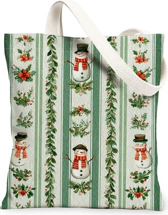 Generic Vintage Snow Man Canvas Tote Bags, Festive Holiday Pattern Reusable Grocery Bags, Lightweight Washable Shoulder Strap Canvas for Shopping Travel Beach