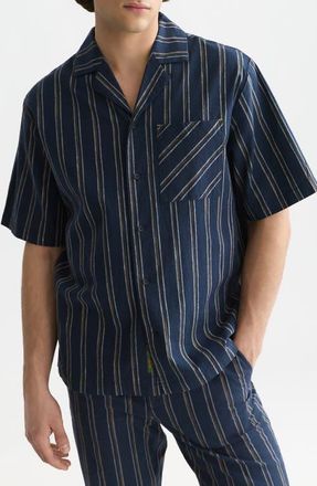 Scotch & Soda Relaxed Fit Short Sleeve Button-Up Shirt in Sky Captain Stripe at Nordstrom, Size Xx-Large