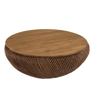 Macabane Mesa de centro de rat&aacute;n marr&oacute;n y madera de teca reciclada, di&aacute;m 100 cm