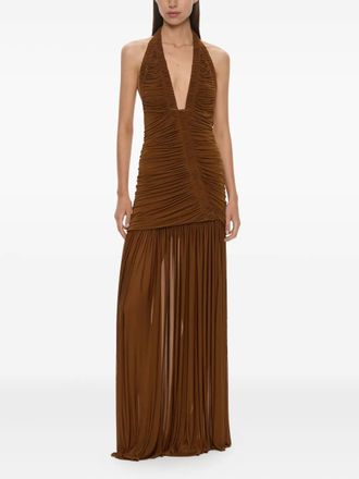 CHRISTOPHER ESBER Orion halterneck ruched gown - women - Rayon/Polyester - M - Brown
