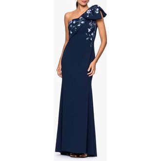Betsy & Adam One-Shoulder Crepe Gown in Navy at Nordstrom, Size 6
