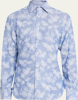 Kiton Mens Floral Linen Button-Down Shirt