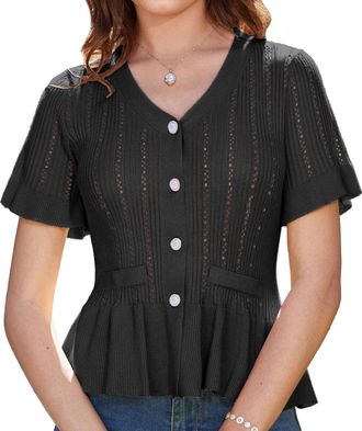 Grace Karin Womens Summer Casual Short Sleeve Knitted Cardigan V-Neck Button Cardigan Waist Ruffled Hem Cardigan Elegant Cardigan Black XL