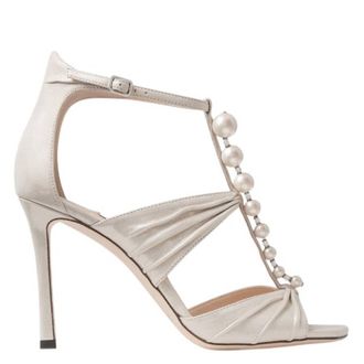 Jimmy Choo London Aura 95 Shimmer Suede Pearl Sandals, Brand Size 40 ( US Size 10 )