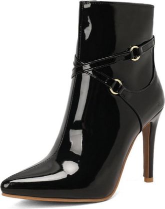 Generic Womens Patent Leather Cross-Strap Buckle Short Boots with Pointed Toe & Side Zipper for Party,Black,5.5 UK