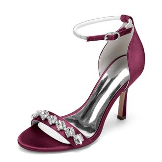 Generic Wedding Shoes Womens High Heel Sandals Open Toe Ankle Strap Satin Bridal Formal Prom Party Dress Stiletto Shoes 9.5Cm,Burgundy,10 UK