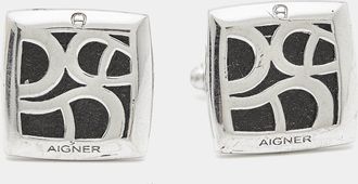 Aigner Logo Leather Silver Tone Cufflinks