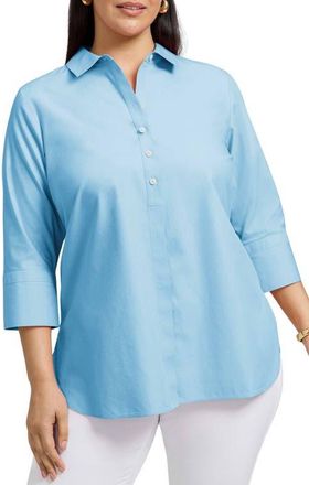 Foxcroft Madison Non-Iron Three-Quarter Sleeve Cotton Button-Up Shirt in Soft Aqua at Nordstrom, Size 14W