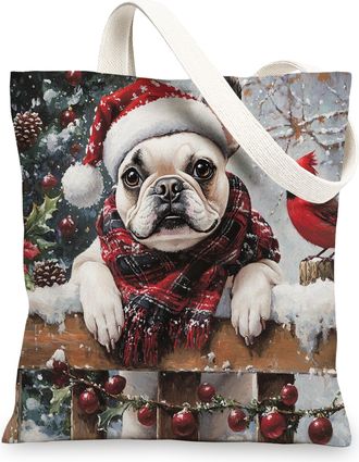 Generic Christmas French Bulldog Dog Canvas Tote Bag for Shopping 13x15, Xmas Farmhouse Cardinal Puppy Reusable Grocery Print Bag for Women, Holiday Pet Beach