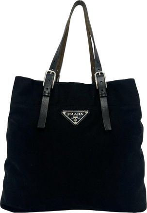 Prada Black Canvas Leather Handbag Shoulder Bag Tote Bag (Pre-Owned)